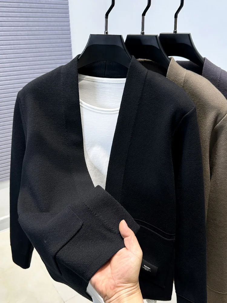 

High Quali V-Ne Men's Knitted Cardigan Spring Autumn Faion Urban Sle Pure Color Versatile Outerwear Casual Long Sve