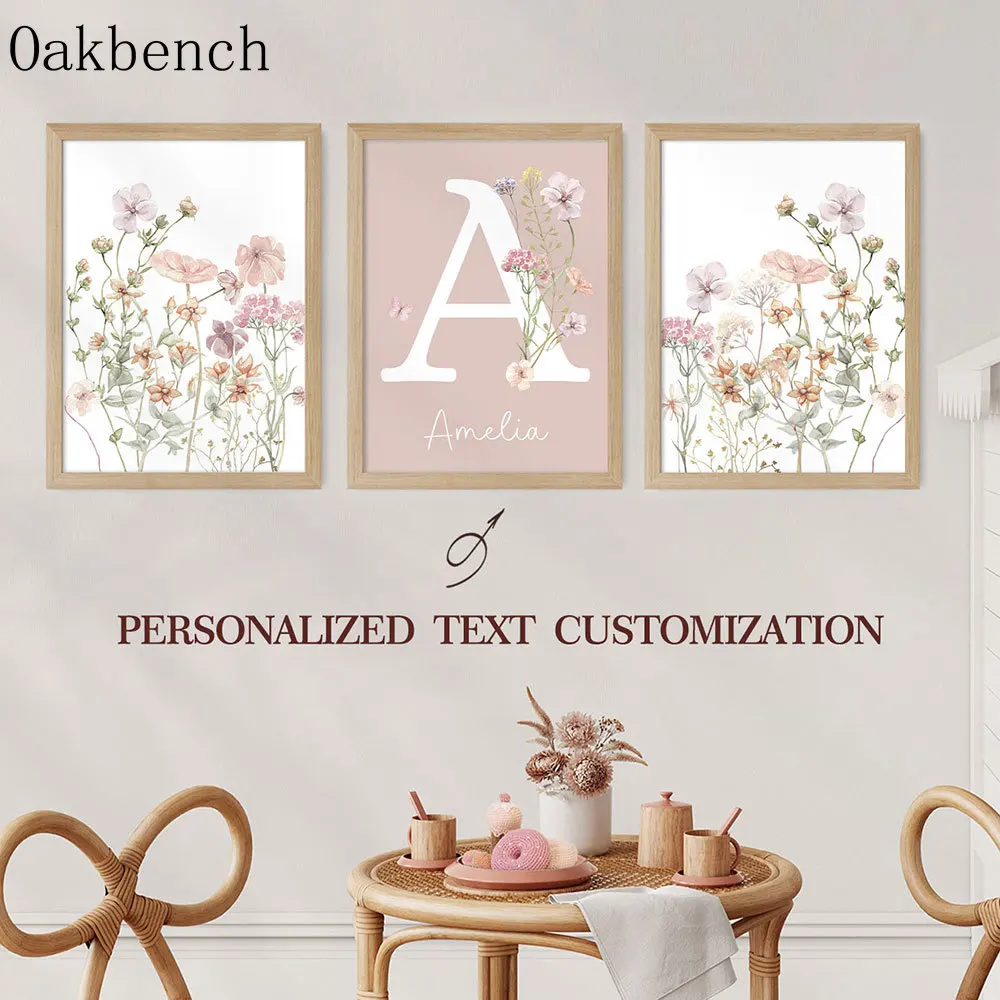 Personalized Name Custom Wall Art  Pink Flowers Canvas Poster  Girls Bedroom Wall Decoration Kindergarten DecorPosterNo Frame