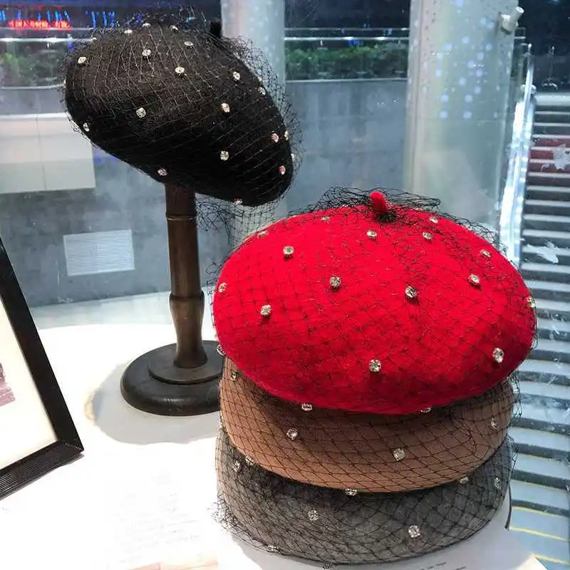 1PC Ladies Bright Diamond Beret Mesh Pumpkin Hat Autumn/Winter Crystal Painter Hat Fashion Photo Shoot with Cut-out English Hat