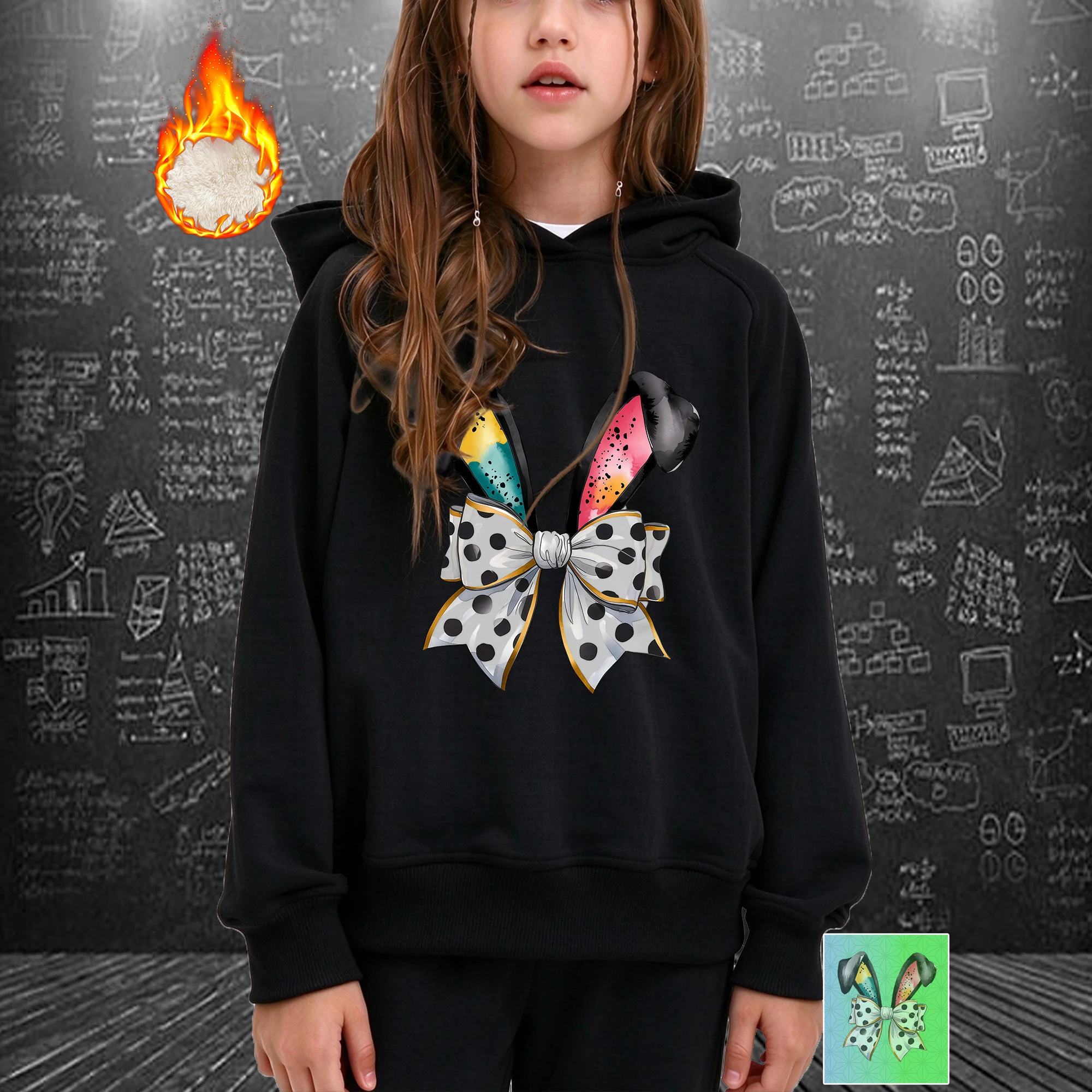 Girls Hoodies Sweatshirts Fleece Preppy Bow Bunny Ears Printed Easter Bunny Cute Girls Kids Clothing Spring Holiday Casual