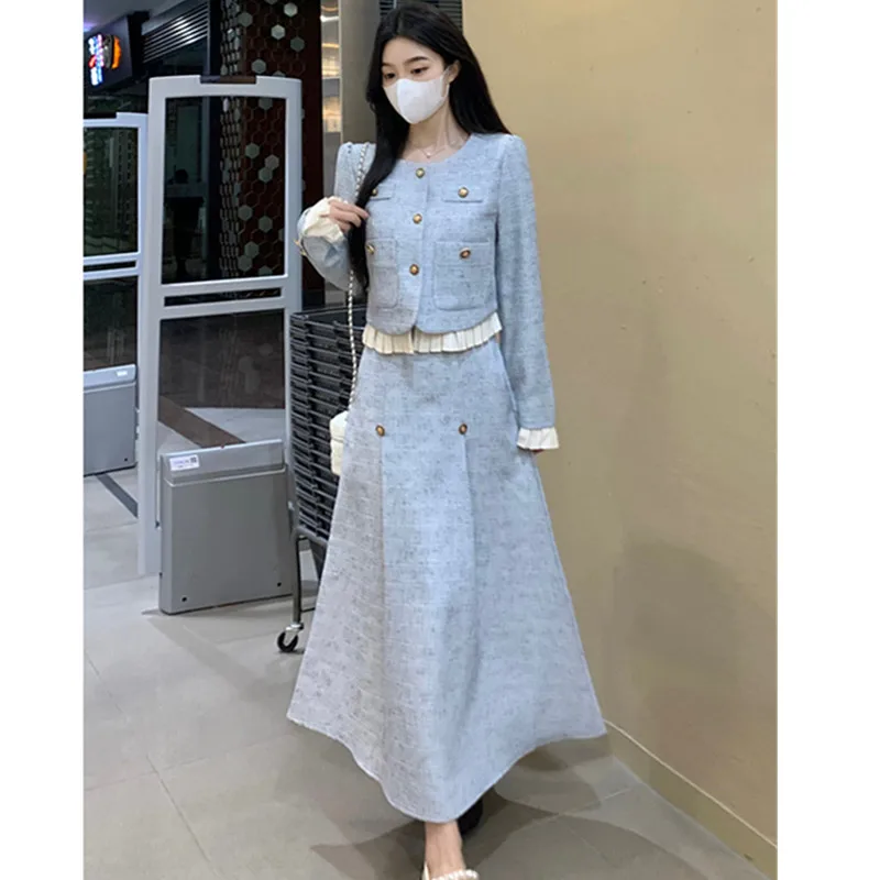 Women's Blue Long Suit Coat Mini Skirts Outfits Korean Spring Autumn New Tweed Short Jacket High Waist Half Skirt Two Piece Sets