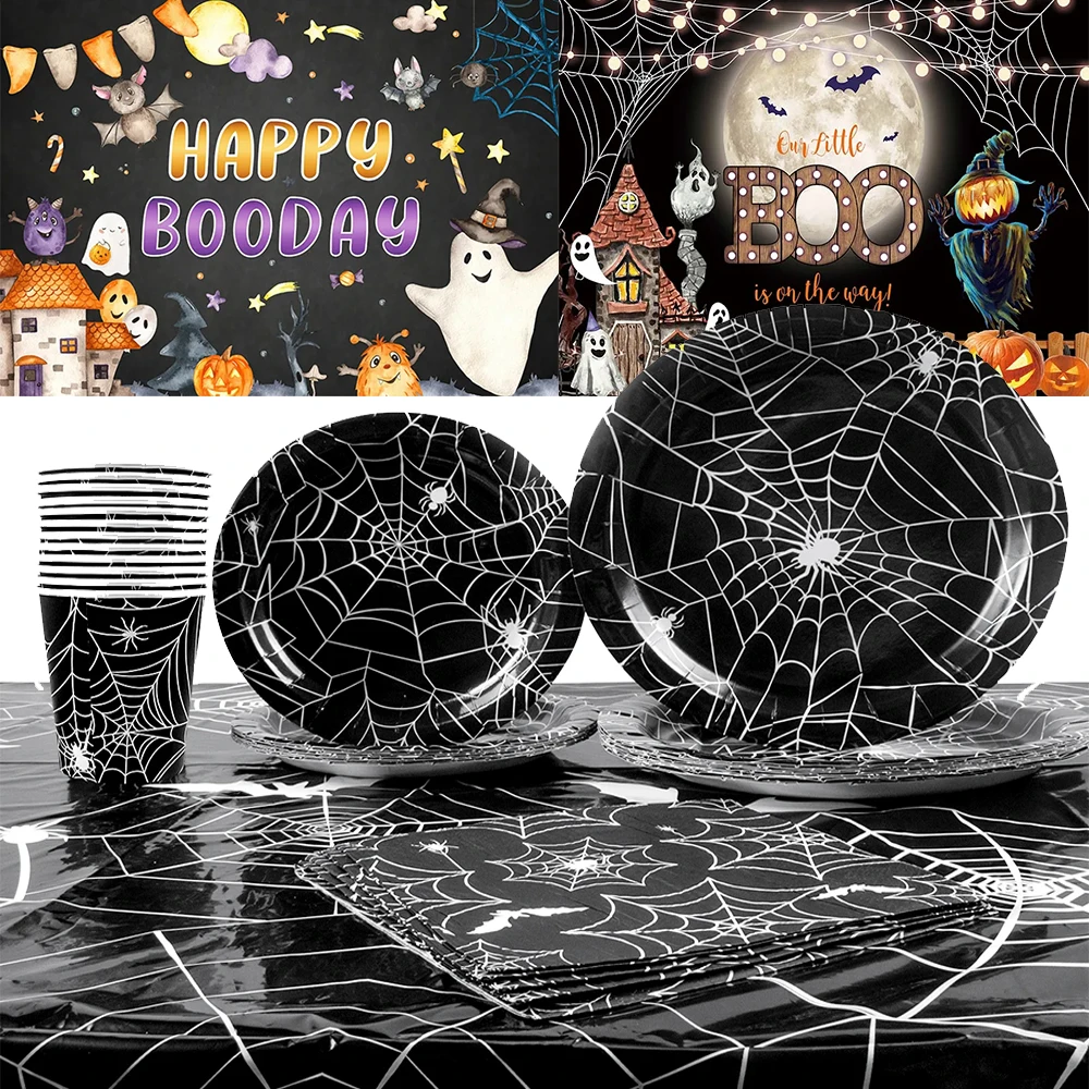 

Halloween Spider Web Black Theme Birthday Party Disposable Tableware Paper Plates Halloween Trick or Treat Banner Decor Supplies