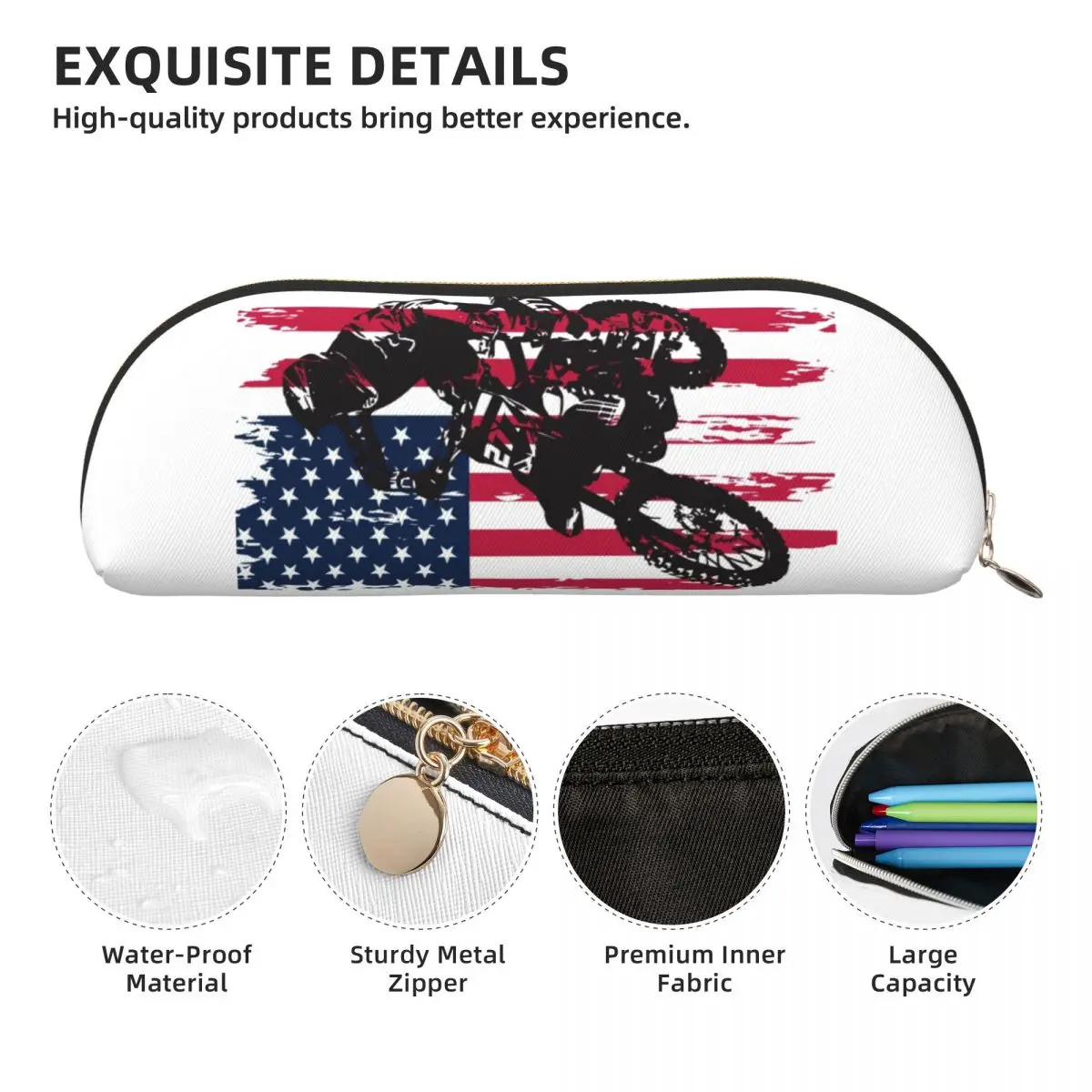 ダートバイクモトクロス米国アメリカ国旗鉛筆ケースペンホルダー収納文具用品大容量収納ペンボックス鉛筆バッグ