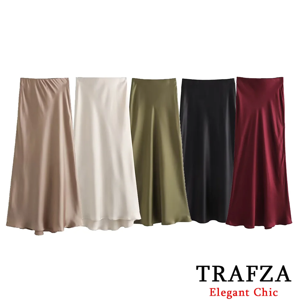 TRAFZA Elegant Satin Slim Midi Solid Skirt Women Elastic High Waisted A-Line Casual Female Satin Skirts Spring Autumn Lady Skirt