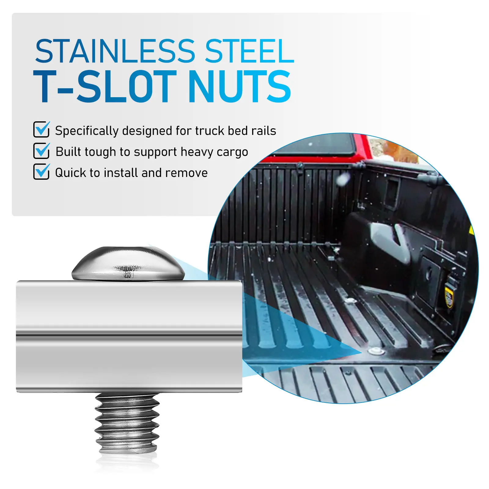 4Pcs Premium Stainless Steel T Nuts for Truck Bed Rails Heavy Load T Slot Fasteners Universal Bed Rail Mounting