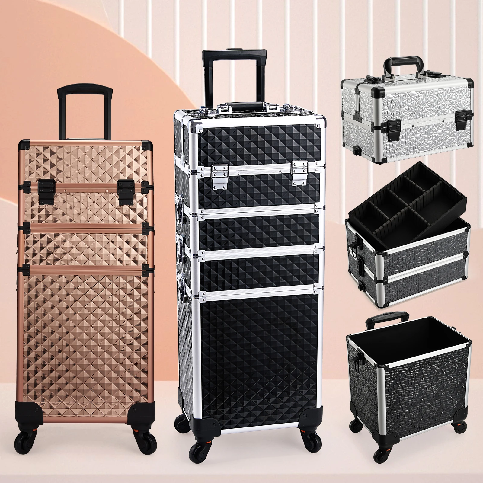 

Makeup Case Trolley Cart With Wheels Detachable 4 In 1 Alloy Train Briefcase Manicure Lock Salon Large Capacity Storage Case