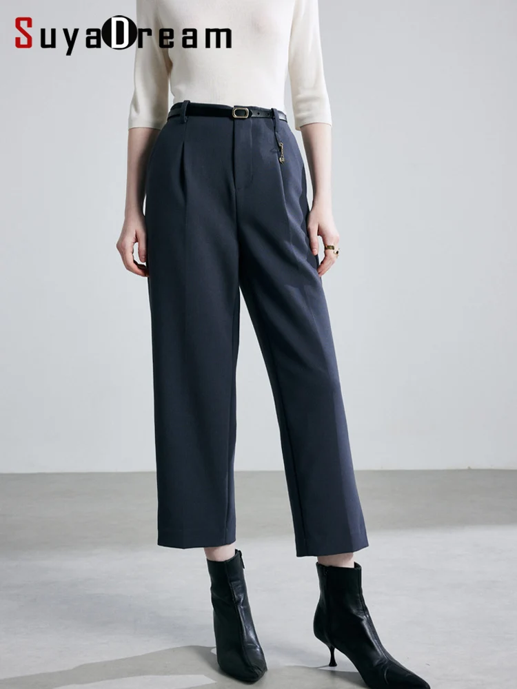 SuyaDearm, Straight Pants for Woman, Wool Blend, Office Lady Trousers, 2024 Autumn Winter Chic Ankle-Length Pants, Black, Khaki