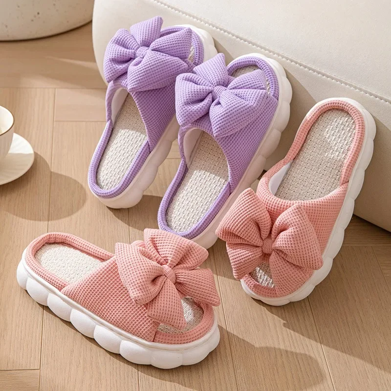 Sweet Bottom Slippers for Women - Solid Color Three-Dimensional Bow Home Shoes