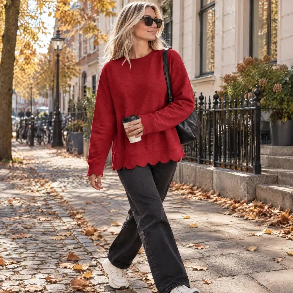 Autumn Top with Scalloped Hem Office Apparel Women’s Crewneck Sweatshirt with Scalloped Hem Solid Color Long Sleeve for Spring