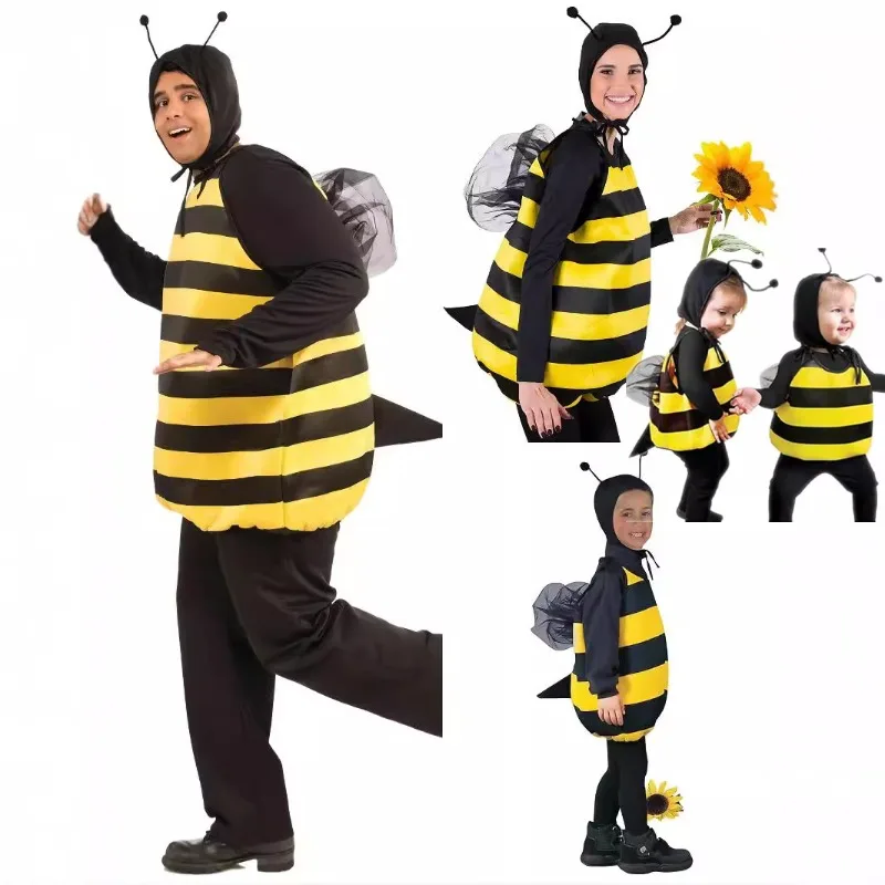 

Adults Kids Bee Cosplay Costume Striped Patchwork Suit Wings Hat with Antennae Halloween Funny Animal Family Party Outfit