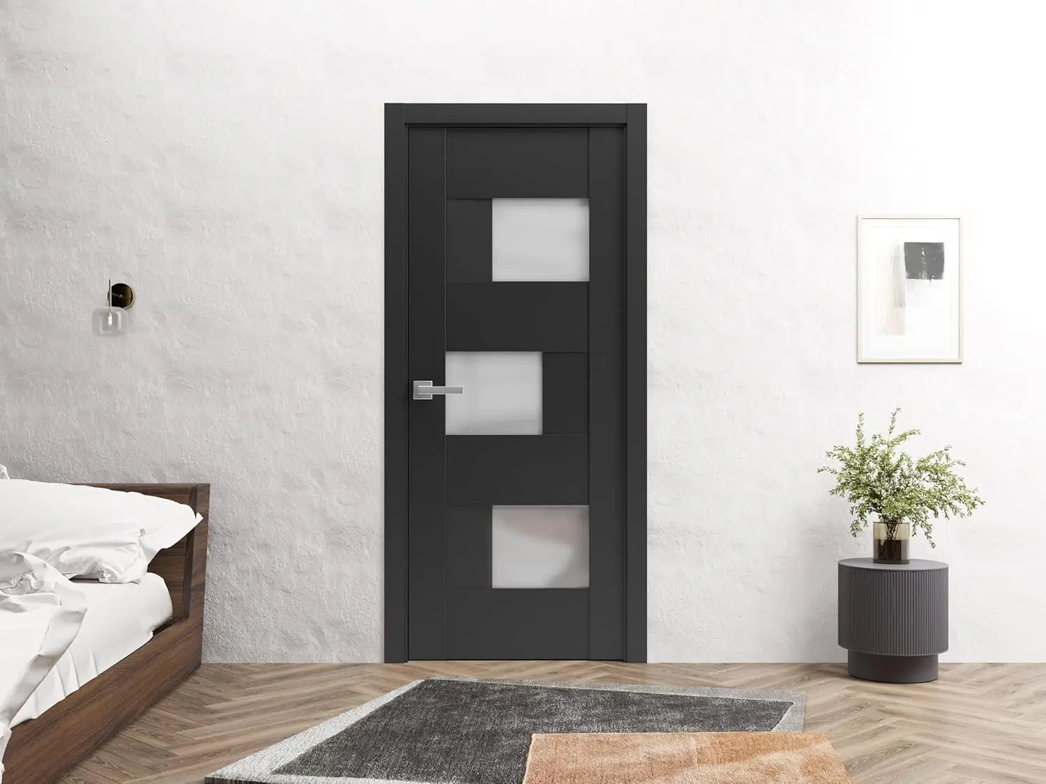 Sete 6933 Matte Black with Frosted Glass | Single Regular Panel Frame Trims Handle | Bathroom Bedroom Sturdy Doors