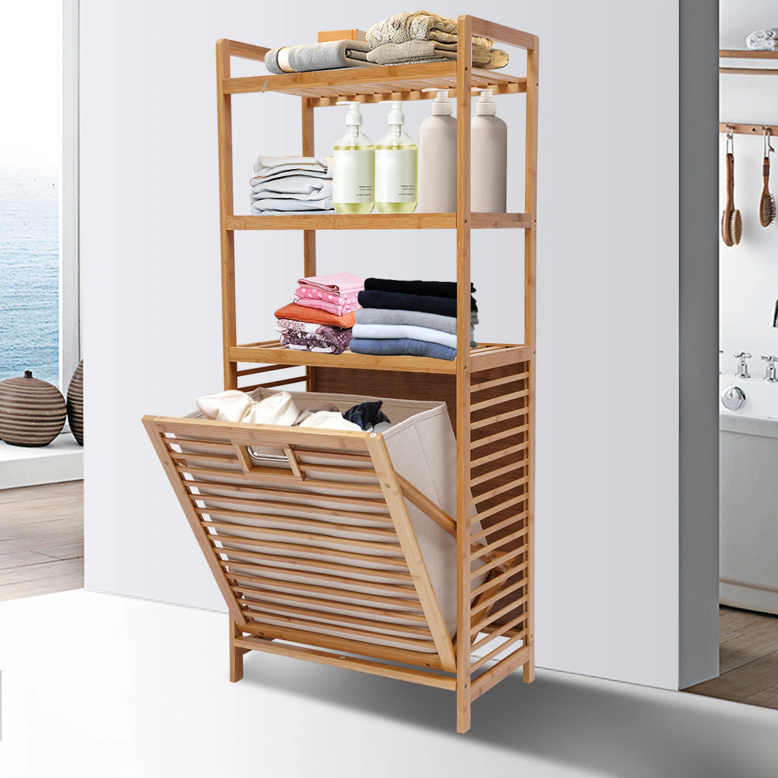 

Bamboo Laundry Basket For Household Goods/Simple Storage Shelves Shower Shelf 4Tier Hamper Storage W/Laundry Hamper Basket