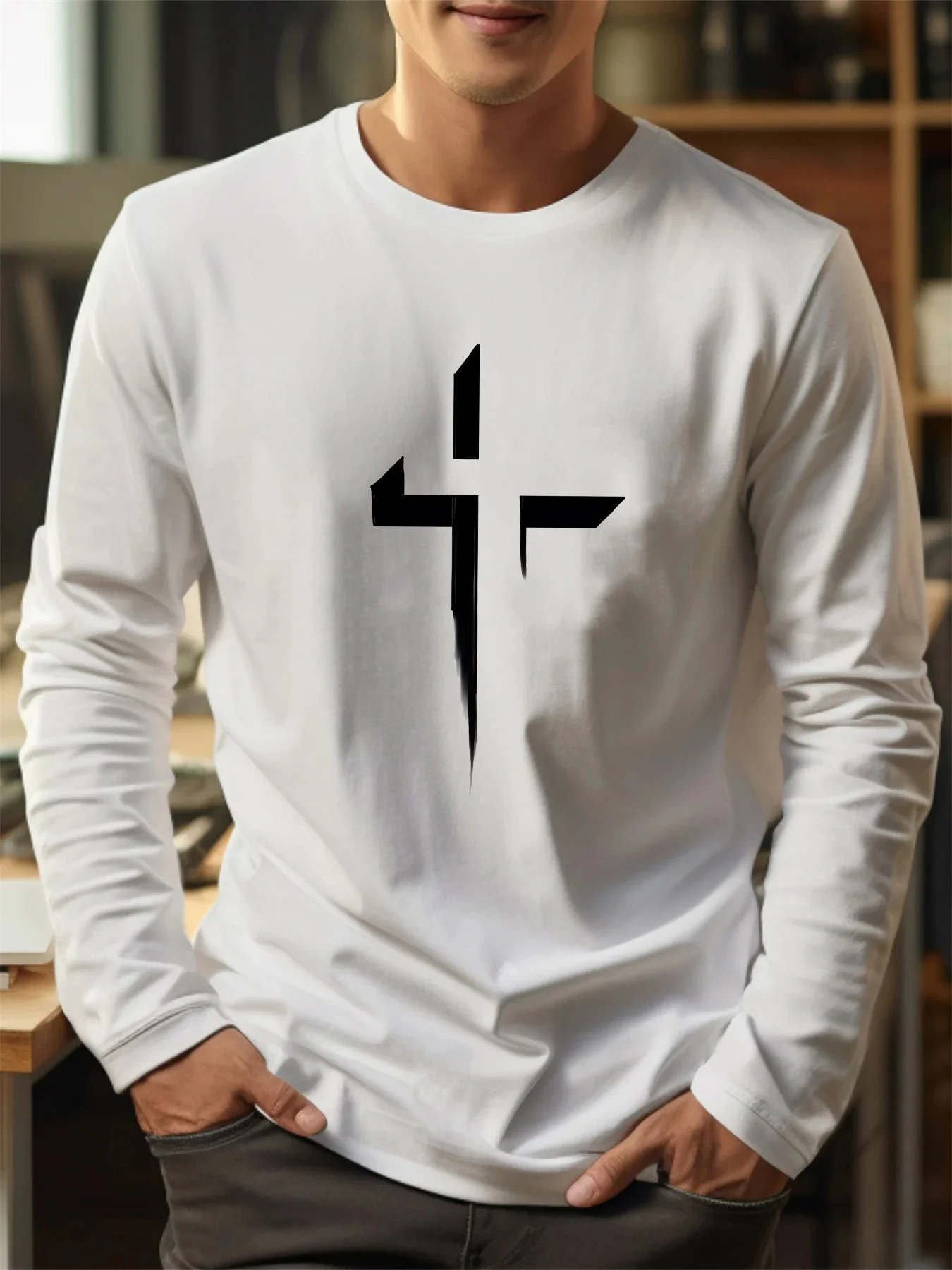 100% algodão puro masculino manga comprida em torno do pescoço solto casual padrão cruzado impresso primavera e outono versátil camiseta topo