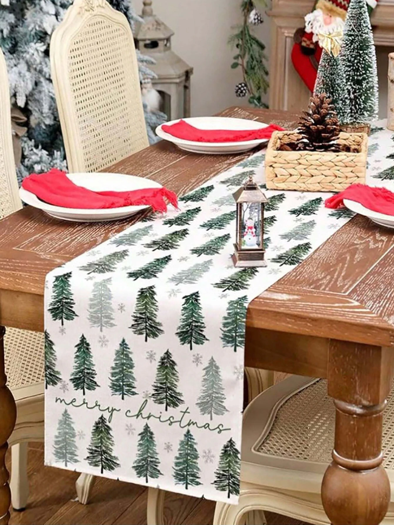 مفرش طاولة مطبوع عليه شجرة صنوبر عيد الميلاد وندفة الثلج، مفرش طاولة "عيد ميلاد سعيد" لطاولة طعام العطلات، ديكور المنزل والحفلات #2