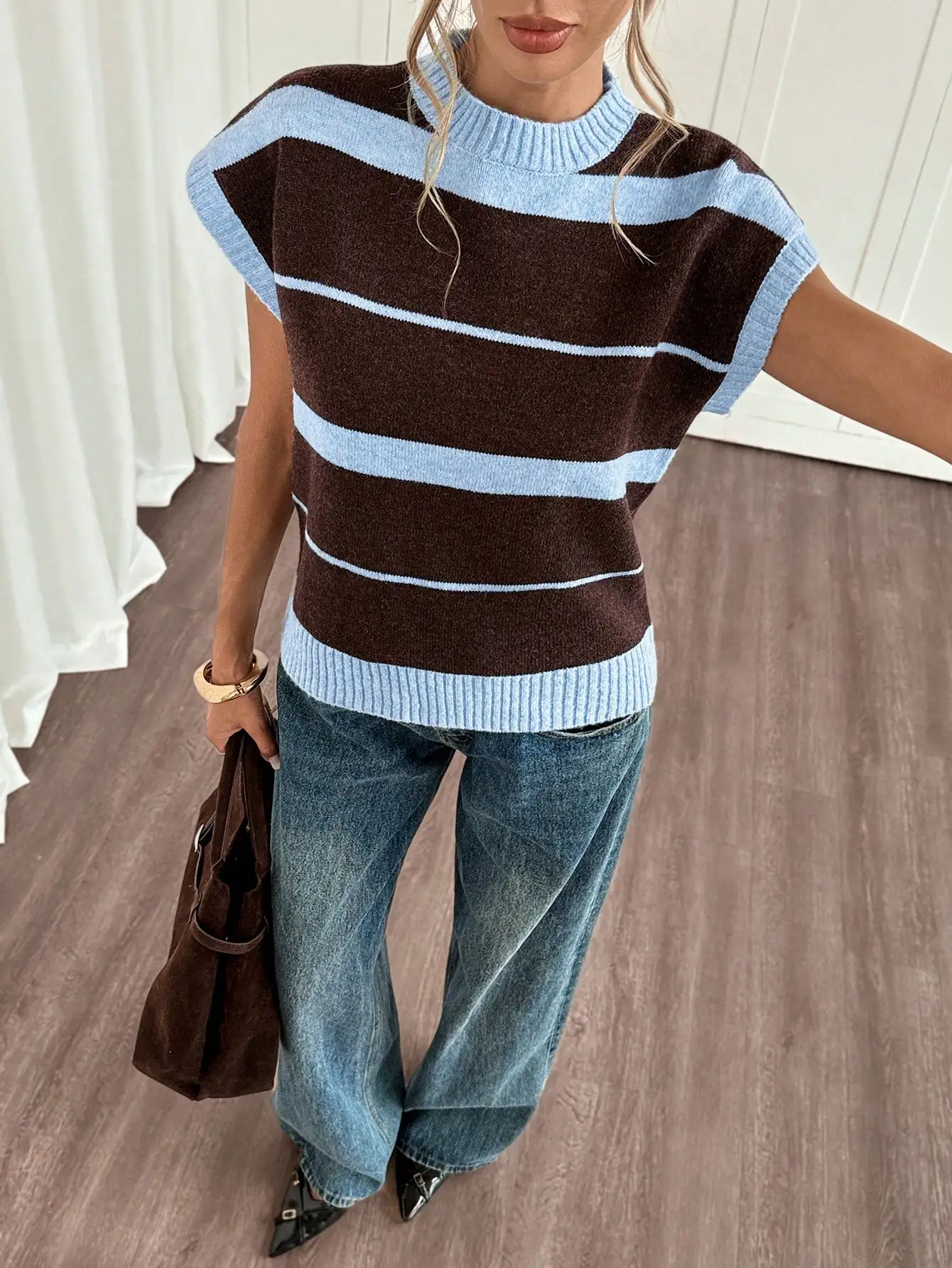 

Striped Knit Loose Casual Short Sleeve Crew Neck Top Summer