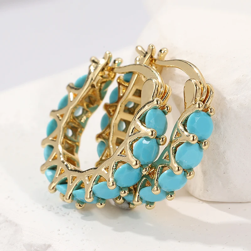 

Fashion Vintage Inlaid Synthetic Turquoise Women's Golden Plated Hoop Earrings Elegant Temperament Banquet Vacation Jewelry Gift