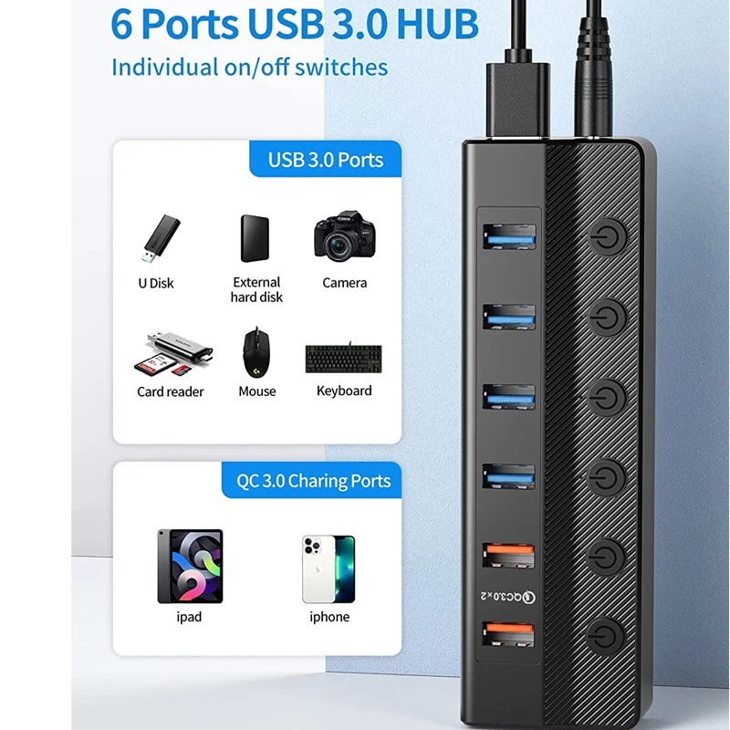 Usb3.0 Hub Met Voedingsadapter Hub 3 0 Usb Oplader Splitter Verlengschakelaar Qc 3.0 Sneller Opladen Pc Accessoires