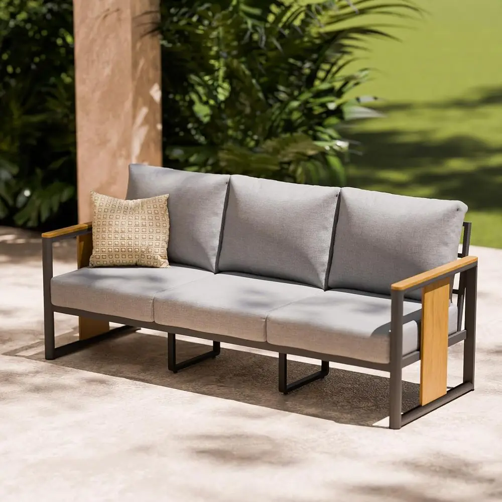 

3-Seat Outdoor Patio Sofa Set with Thick Cushions, Weather-Resistant Metal for Garden, Backyard, Porch - Grey