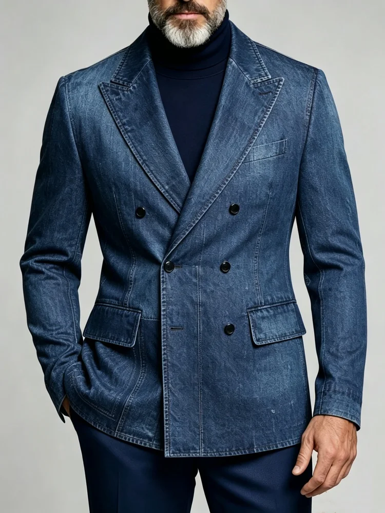 Mens Faux Denim Blazer Double Breasted Slim Fit Washed Blue Business Casual Suit Jacket Spring Autumn