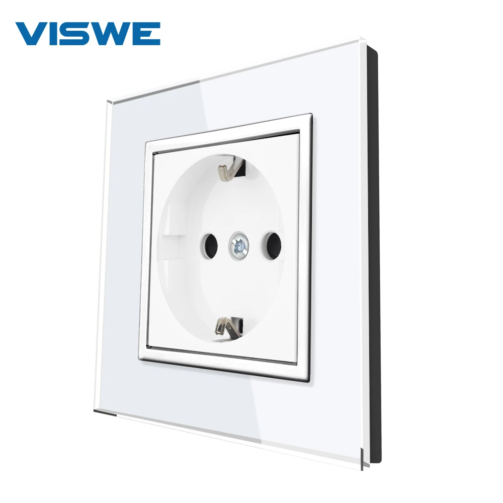 VISWE EU Standard Electrical outlets Quick Wiring White Crystal Tempered Glass Panel 16A Power Socket with Mounting Claw