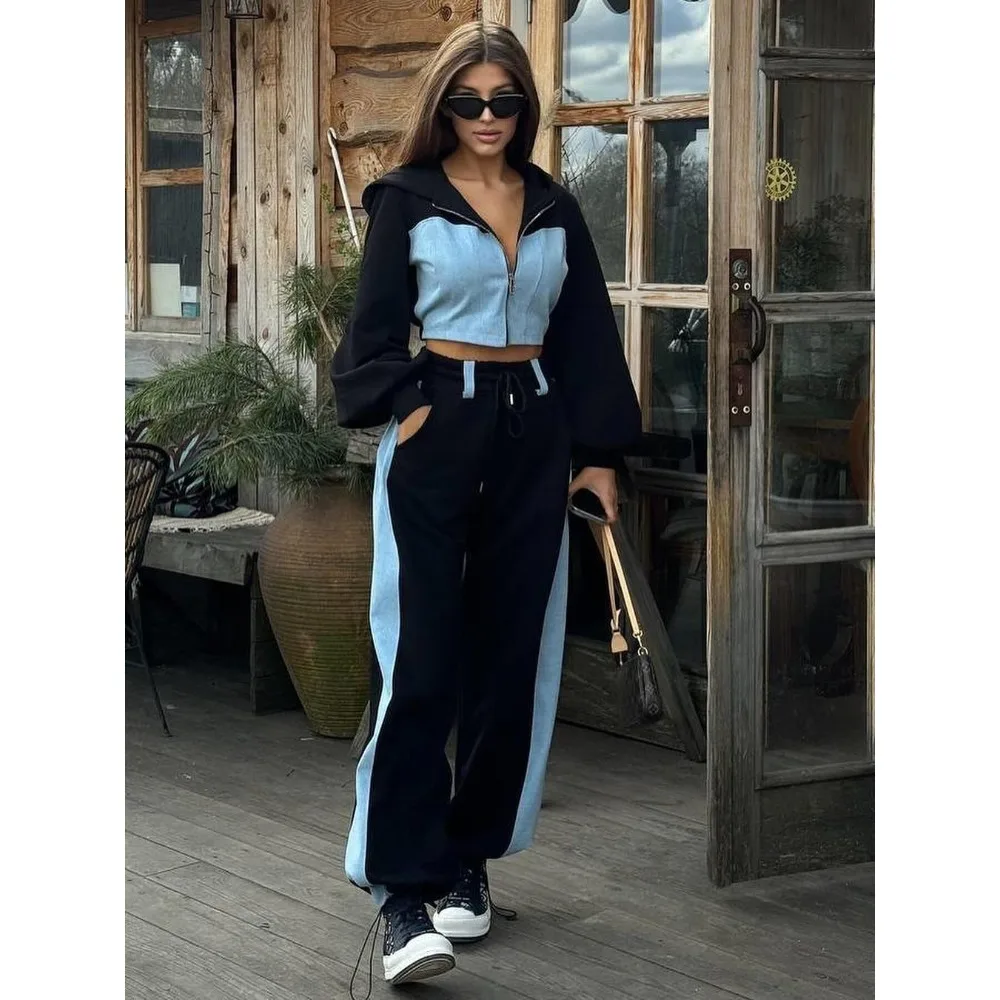 TSXT 2024 Europe and the United States fashion casual hoodie suit denim match a succession of hats, tops and trousers for women