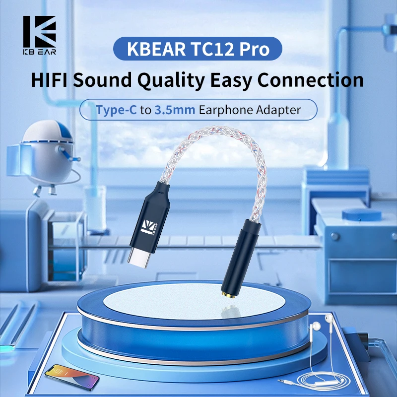 KBEAR TC12 Upgraded Silver-plated Aluminum Foil Core High Performance DAC Chip Type-C to 3.5mm Earphone Adapter Easy Connection