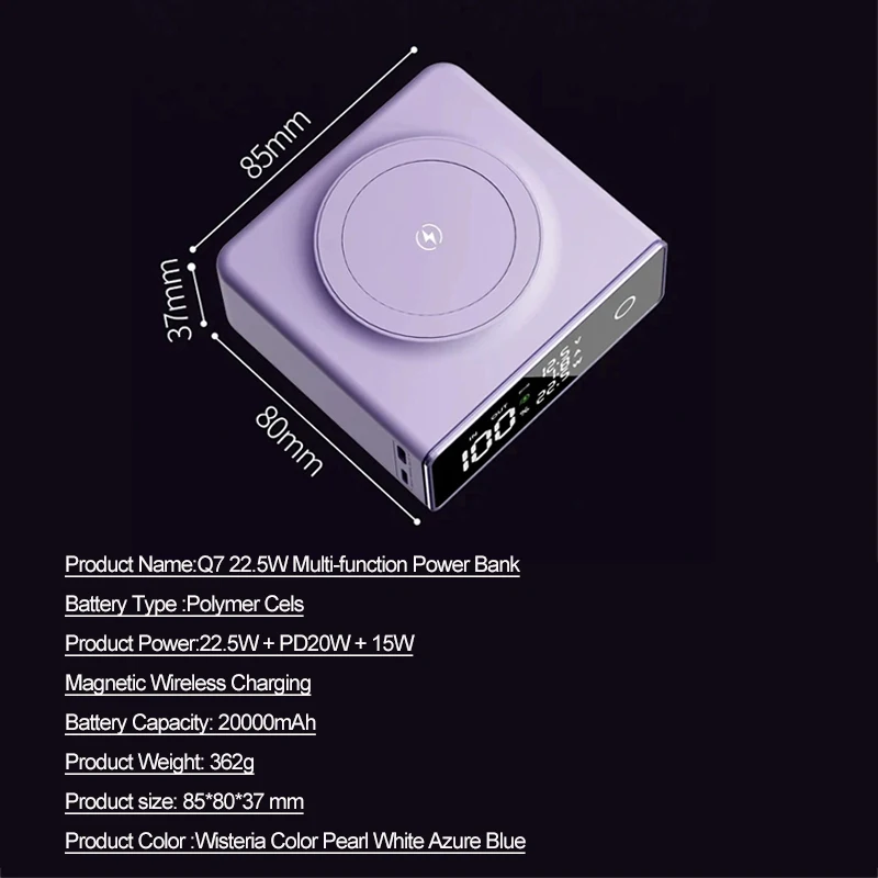 باور بانك لاسلكي 20000 مللي أمبير في الساعة محمول 3 في 1 USB C PD20W شاحن سريع باور بانك مغناطيسي لأجهزة الكمبيوتر المحمولة Magsafe iPhone 15 Xiaomi