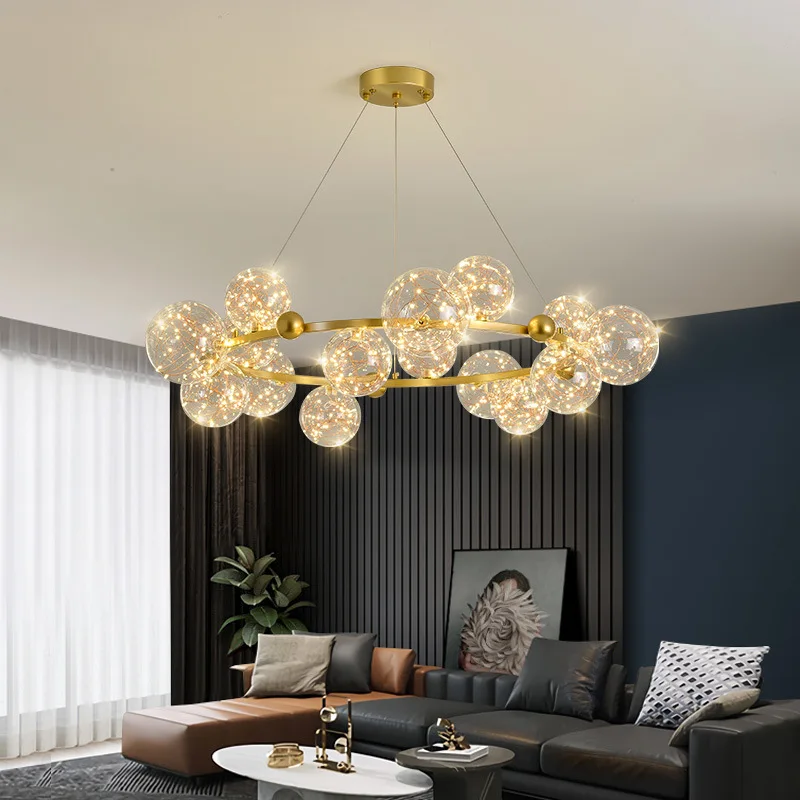 Elegant Golden Hotel Bedroom Circle Pendant Light Beautiful Glass Ball Living Room Dining Room Chandelier