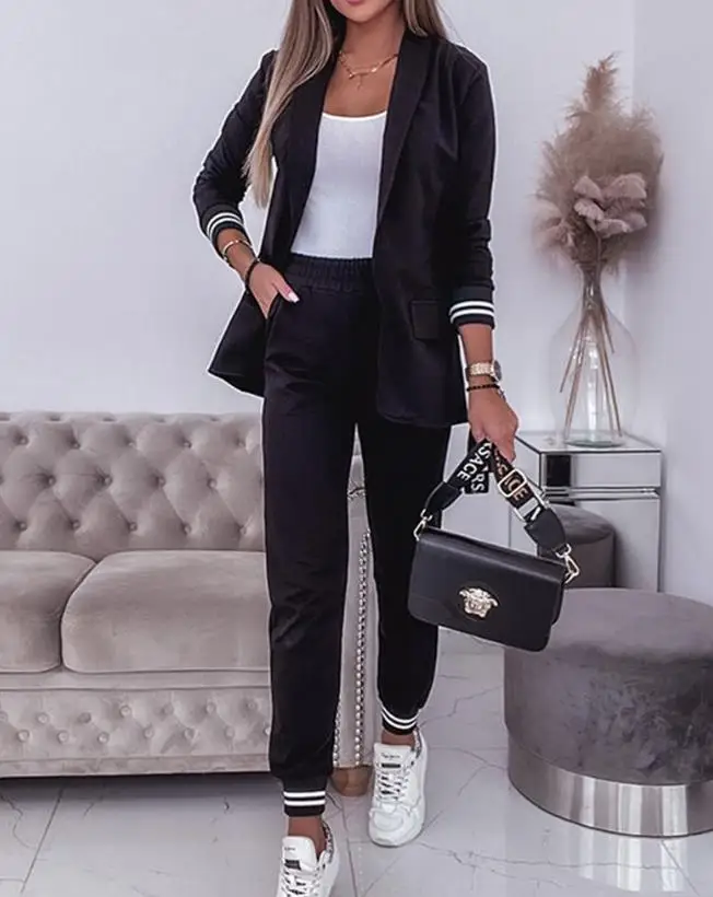 Sexy Elegant Womens Two Piece Sets Outfit Striped Shawl Neck Coat & Cuffed Pants Set New Fashion 2024 Summer Casual Suit