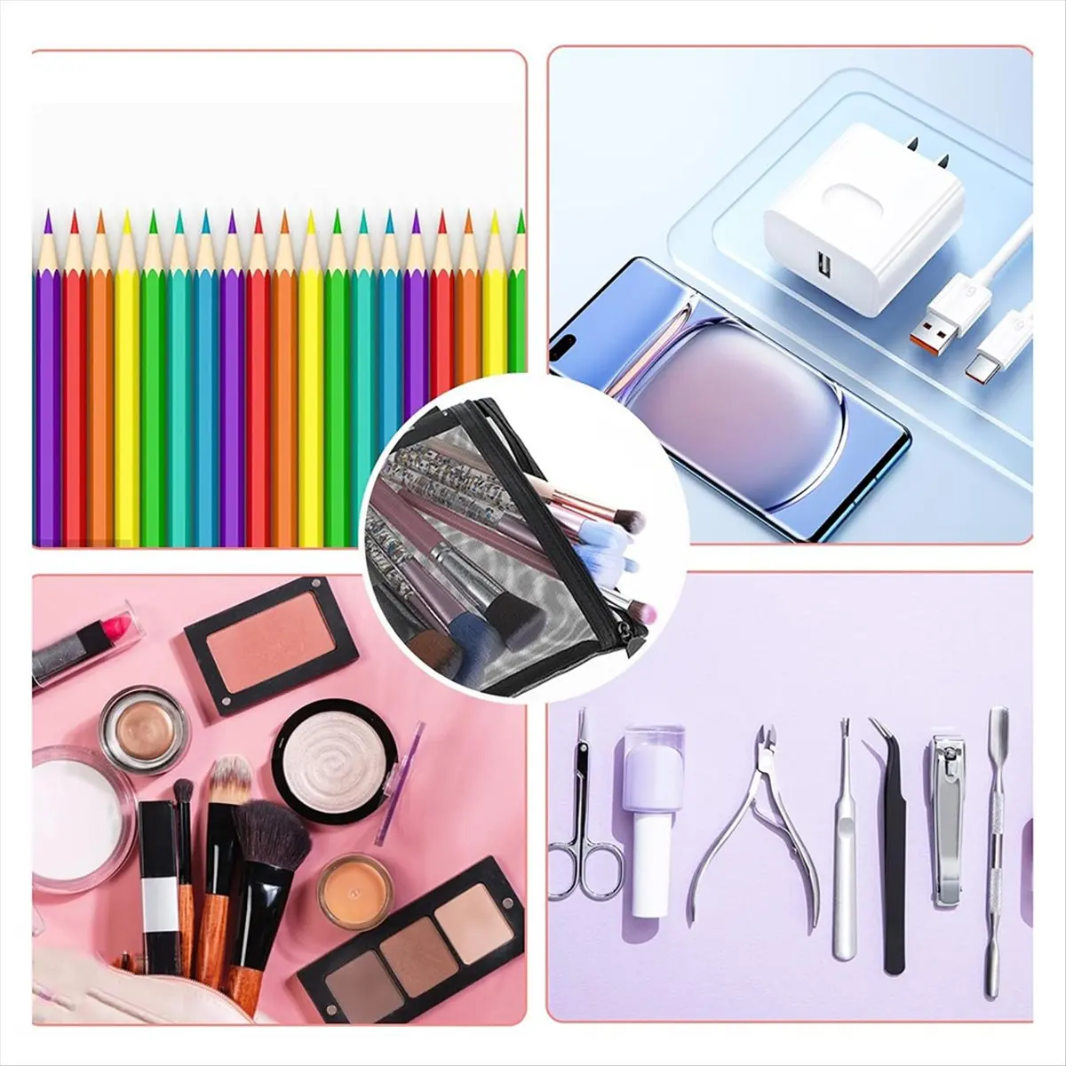 กระเป๋าซิปตาข่ายขนาดเล็ก ABQR 4 ชิ้น, กระเป๋าซิปตาข่าย, กระเป๋าซิปขนาดเล็ก, กระเป๋าซิปไนลอน, กระเป๋าเครื่องสำอางตาข่ายสำหรับใช้ในบ้านและสำนักงาน