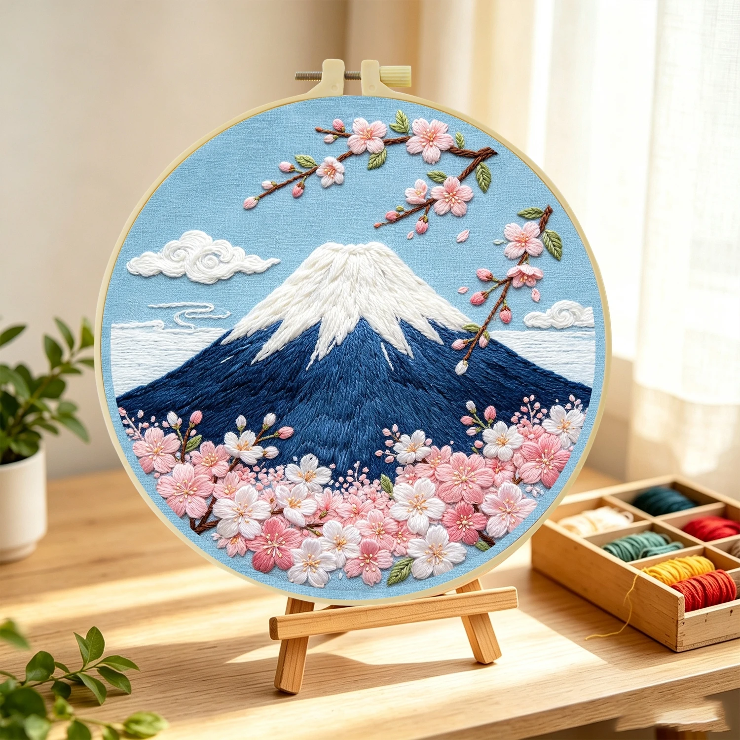 1 Set Kirschblüten-Fuji DIY-Stickerei-Set für Anfänger, Stick-Starter-Kit, Kreuzstich-Kunstgeschenk, Nadelarbeits-Bastelset – Detail 4