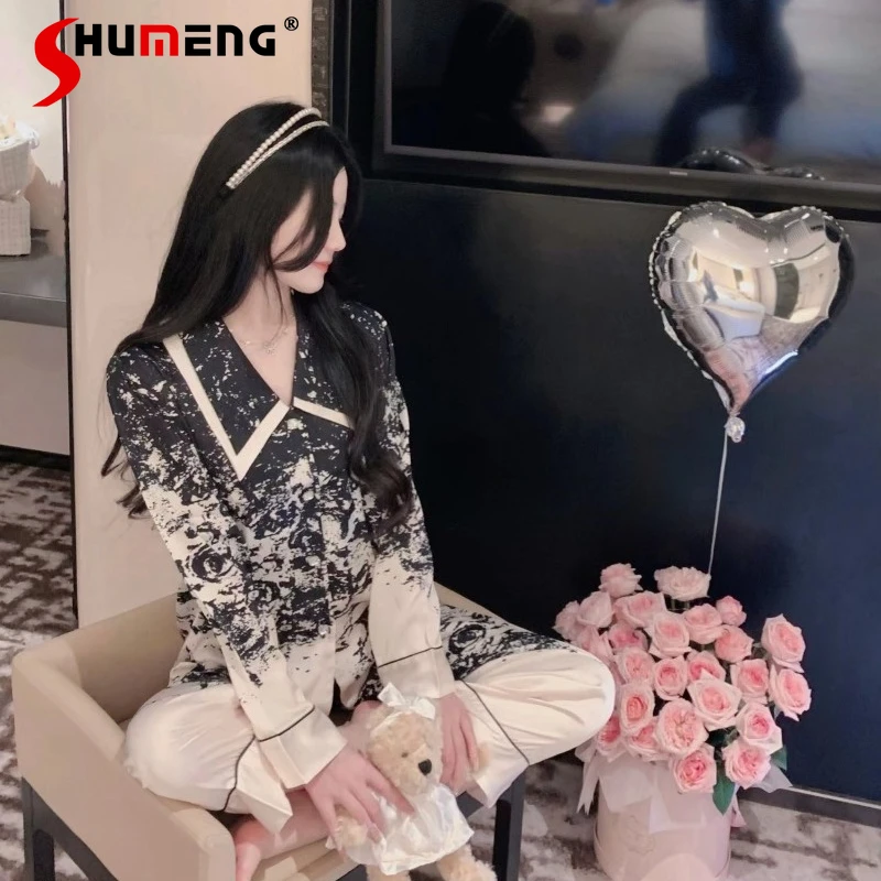 

Rhinestone Luxury Elegant Homewear Set Ladies Fashion Long Sleeve Spring Pajamas Women's Japanese Style Printing Sleep Suits