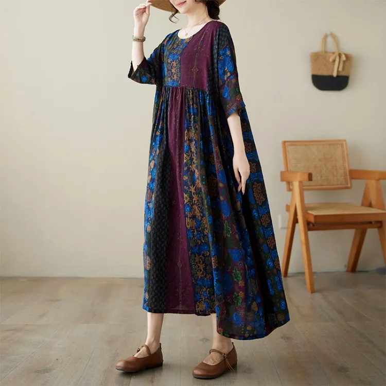 Plus Size Bohemian Print Maxi Long Dress for Women Floral Casual Cotton Linen Loose Vintage Vestidos Para Mujer Robe Dresses