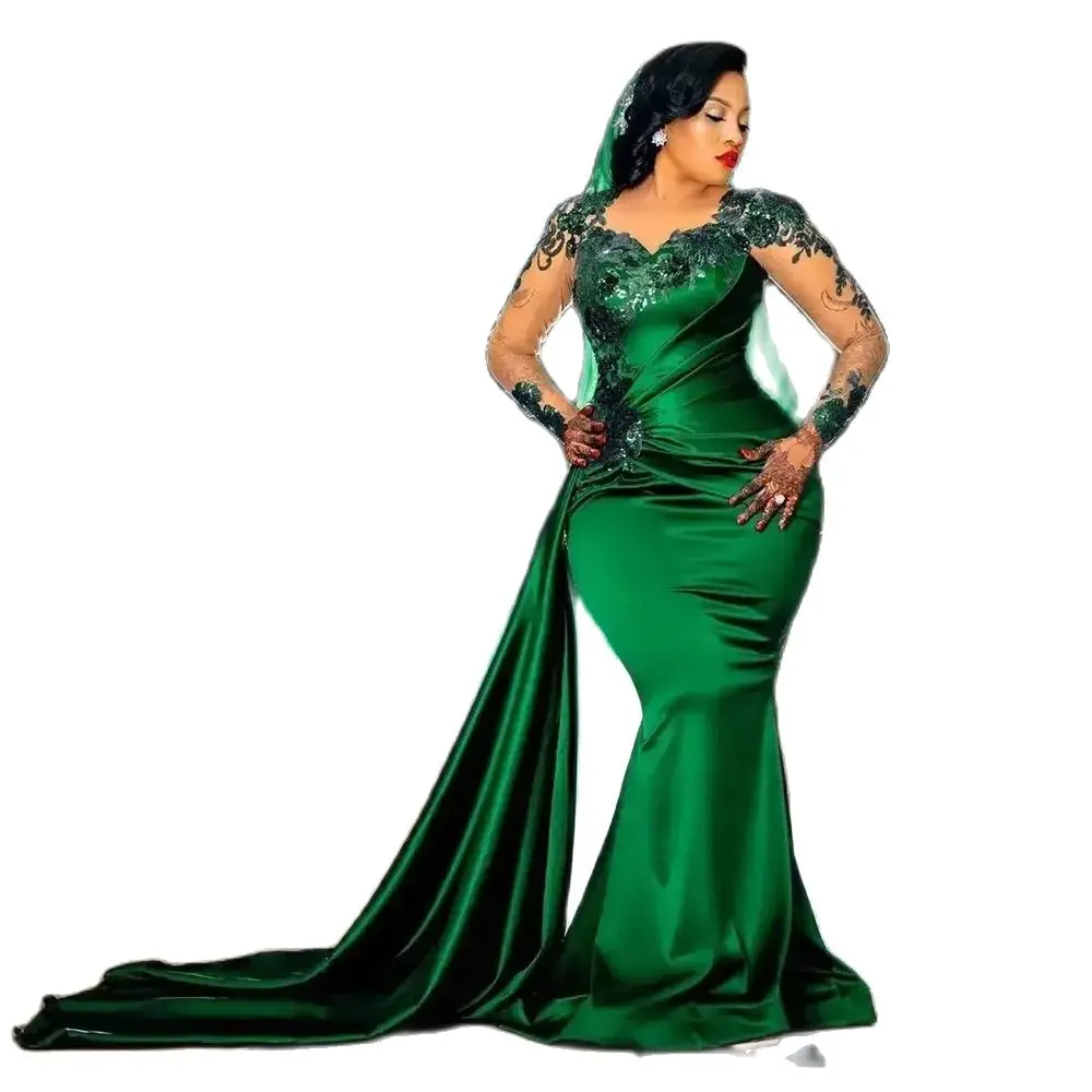 Vestido de noche verde de lujo árabe de Dubái, vestidos de baile de sirena con escote corazón, con lentejuelas vestido plisado, manga larga, tren lateral