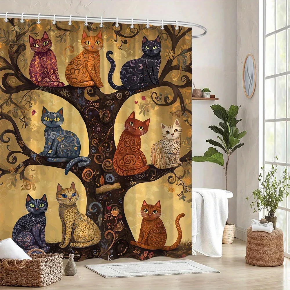 

Занавеска для душа «Причудливые кошки» на ветвях деревьев — 9 уникальных дизайнов Feline, золотисто-черные завитки, 12 крючков, фэнтезийный декор для ванны