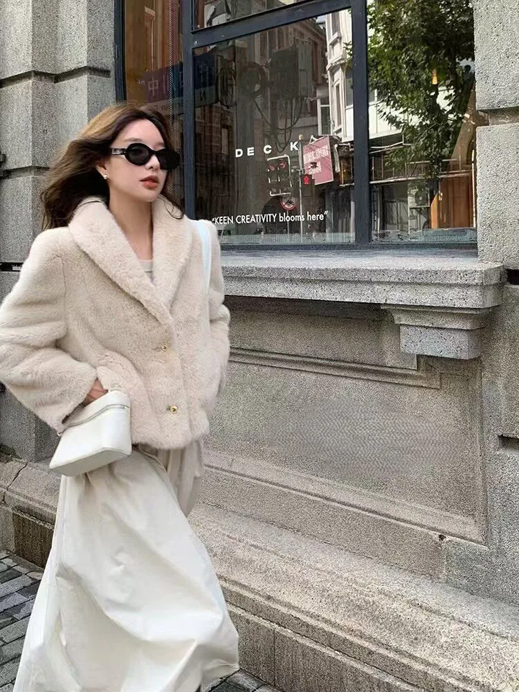 

Faux Fur Elegant Coats Womens Notch Lapel Outerwear Christmas Daughter Highstreet Light Mink Slit Outwear Length Winter Vibe Ins