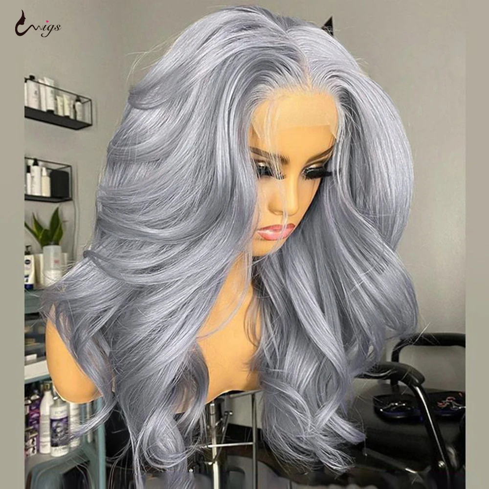 Peluca de cabello humano ondulado de 13x4 para mujer, postizo de encaje Frontal, pelo brasileño transparente, color gris plateado