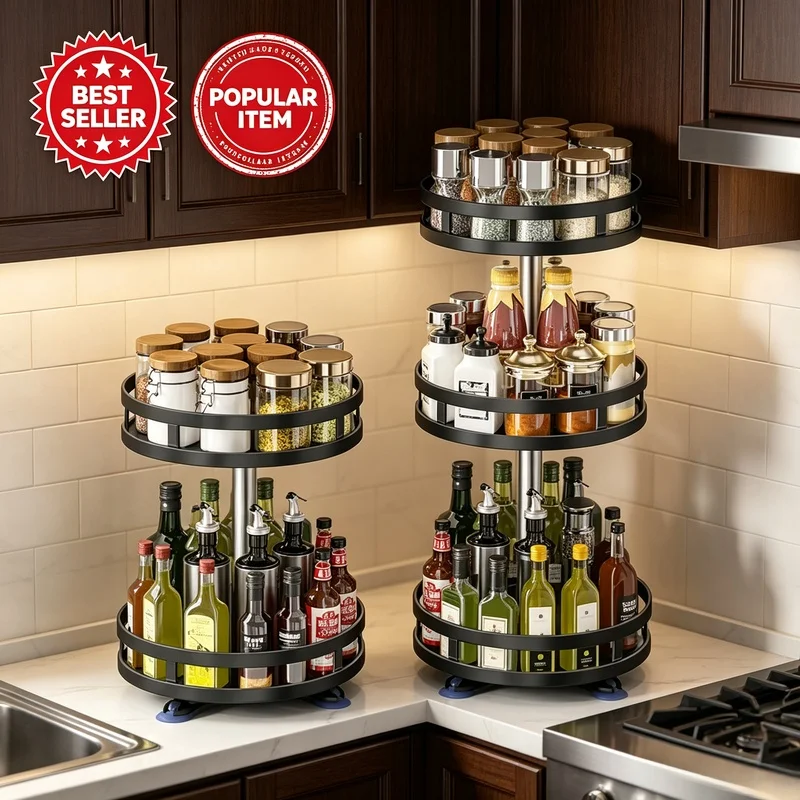360° Rotatable Non‑Slip Spice Turntable Countertop Seasoning Storage Tray for Kitchen Condiment Bottles Jars