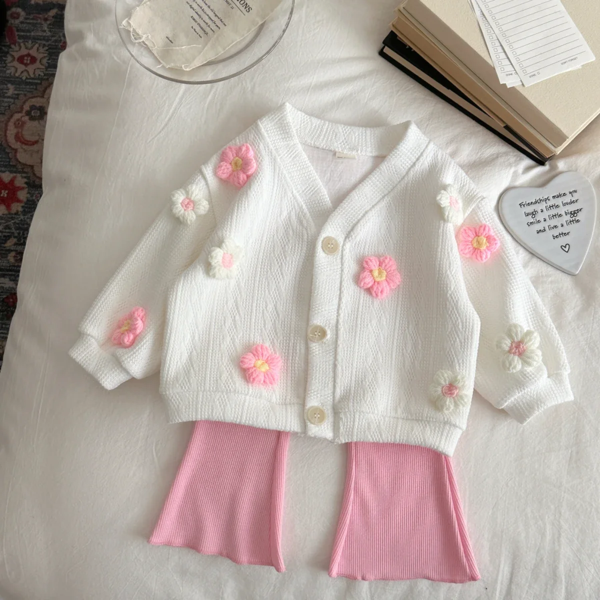 New Baby Girl Winter Casual Daily Cute Three-dimensional Small Flower V-neck Knitted Design 2-Piece Set