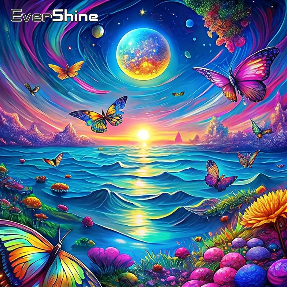 Evershine Diamant-Stickerei Landschafts-Strassbild Mosaik Schmetterling Vollflächiges Malerei-Set Mond Bastelset Wandkunst