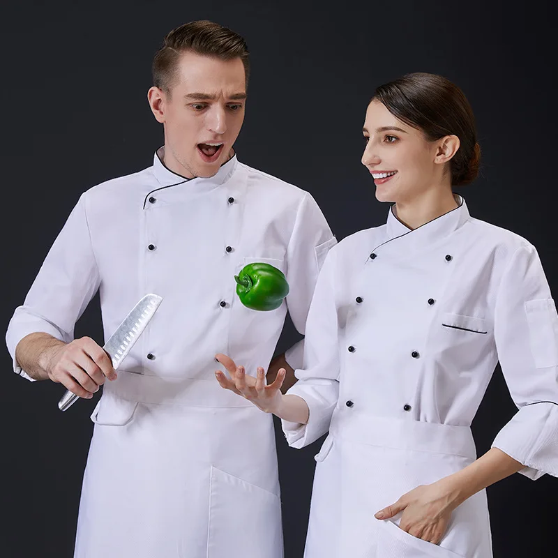 C312ห้องครัวร้านอาหาร Coat Cook Workwear Chef Uniform Waiter เสื้อคู่ Breasted Chef แจ็คเก็ต Unisex Overalls