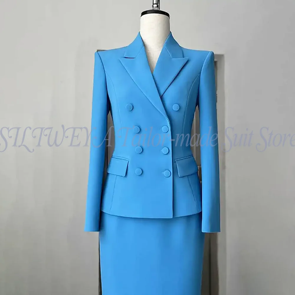 Elegant Women's Suit Long Sleeves Double Breasted 2 Pieces Jacket Skirt Formal Office Lady Outwear Luxury Female Suits Set