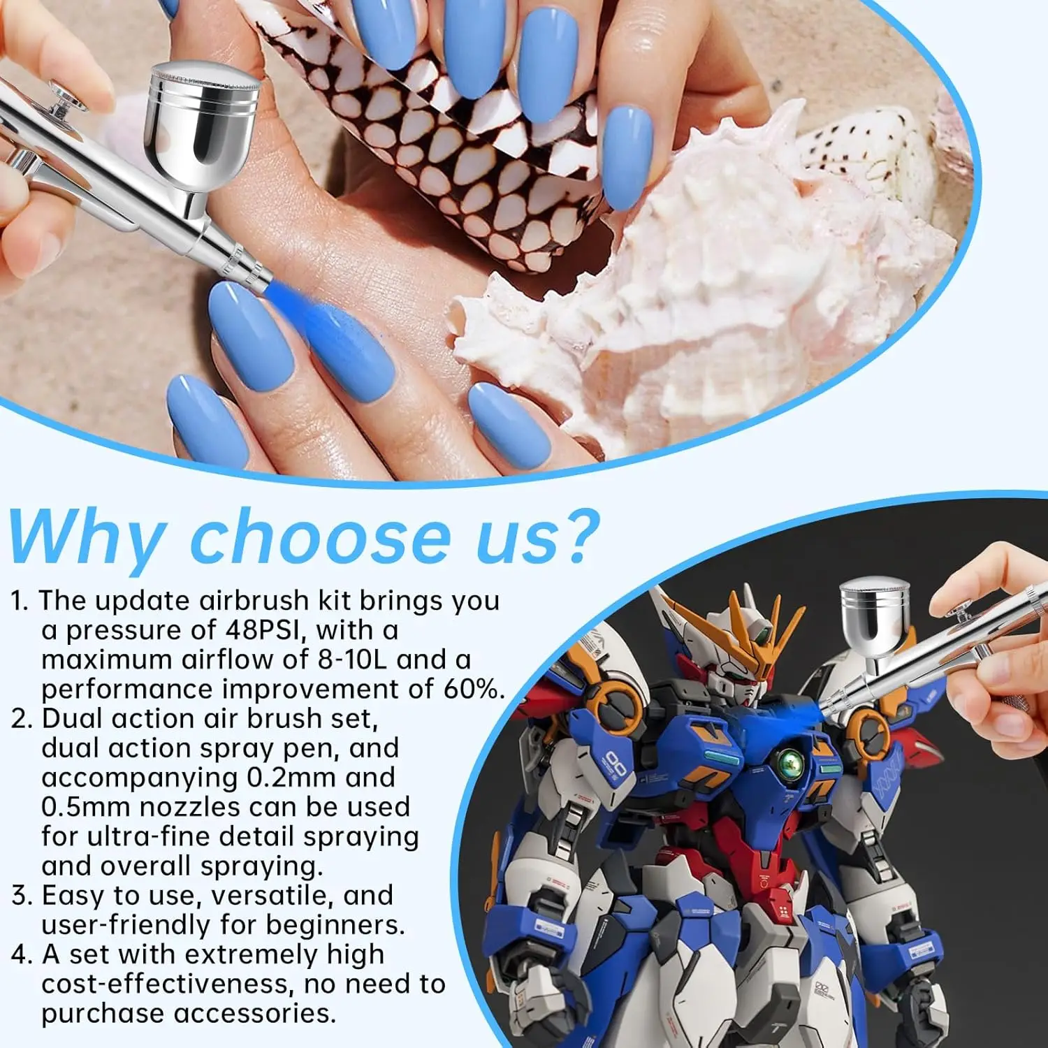 مجموعة البخاخة الاحترافية مع ضاغط، ضغط عالي 40-48 رطل لكل بوصة مربعة، 3 أحجام فوهة لفن الأظافر والمكياج وطلاء القمصان