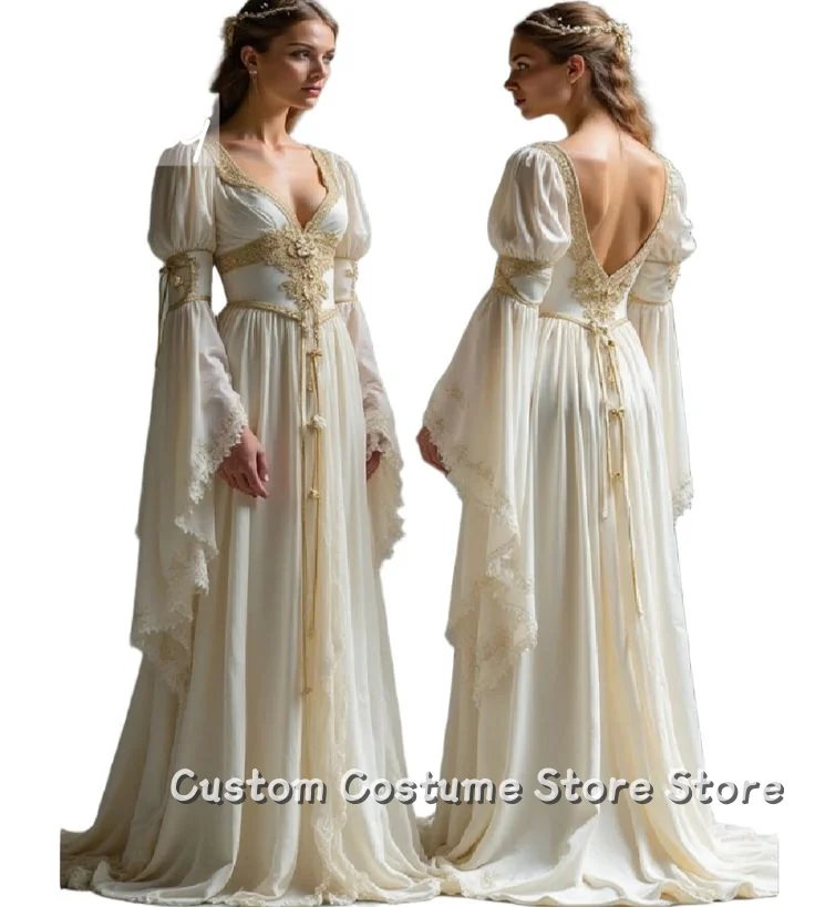 Customized Tudor Medieval Long Sleeve Wedding Dress V-Neck Victorian Gold Lace Inlaid Elf Forest Elf