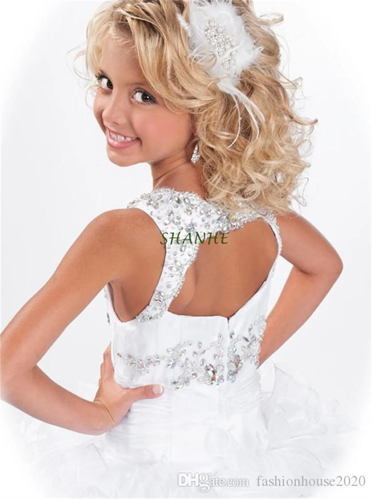 Branco organza vestido de baile vestidos da menina de flor para o casamento pescoço quadrado frisado cristal meninas pageant vestido crianças vestidos de festa de baile