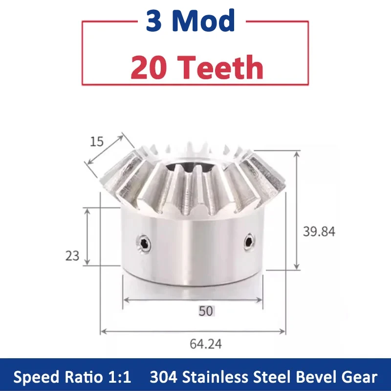 

1pc 1:1 304 Stainless Steel Bevel Gear 3 Mod 20 Teeth 3 Module 20T 90 Degrees Meshing Angle Steel Gears Keyway Bore 15 20 25mm