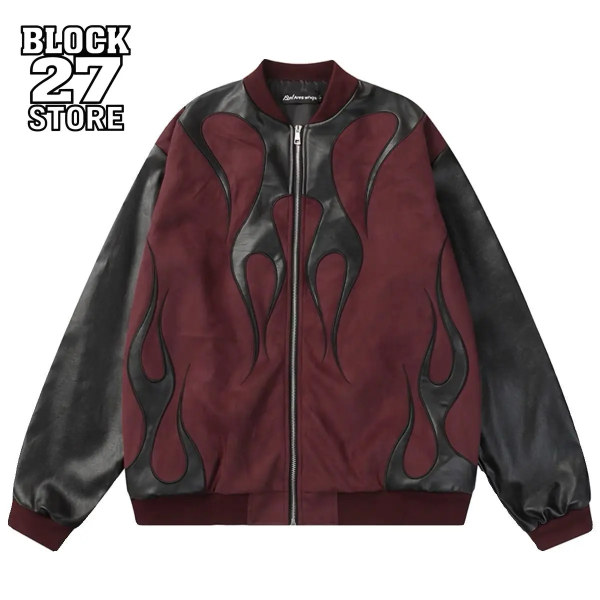 

Мужская куртка Винтажная уличная одежда Бордовый Черный ПУ Лоскутный Бейсбольный воротник Пальто на молнии Пламя Дизайн Свободный крой Ретро Байкерский Стиль