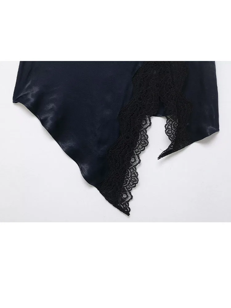 HH Women 2026 Fashion Versatile Personalized Splicing Lace Silk Satin Texture Skirt Female High Waist Sexy Asymmetric Hem Skirt