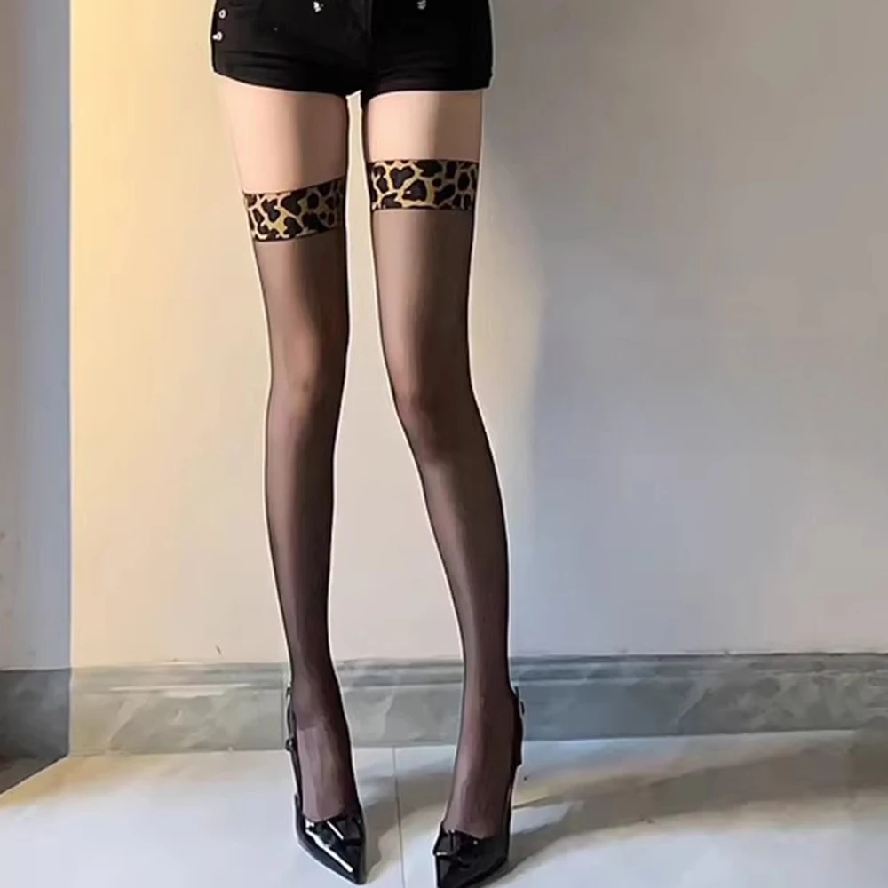 Women Leopard Print Over The Knee Stockings Ultra Thin Silky Breathable Sexy Sheer Tights For Night Club Party Daily Wear