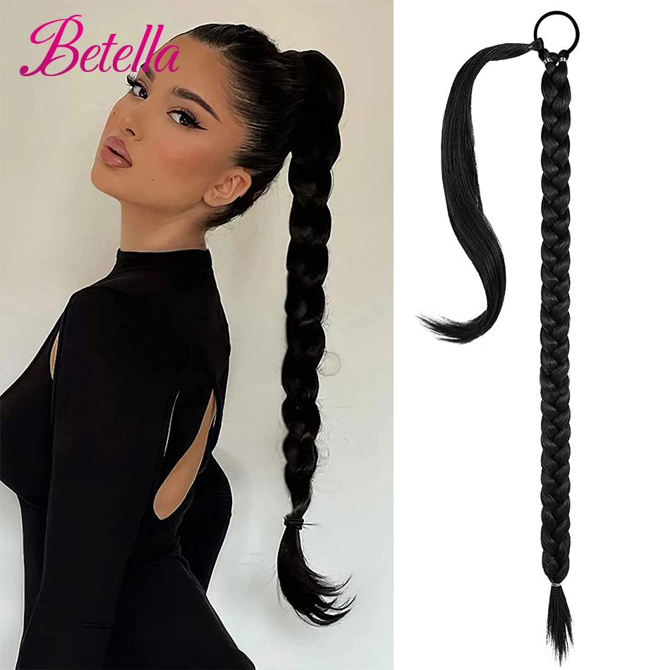 Synthetic Long Braided Ponytail Hair Extensions Synthetic Boxing Braids Wrap Around Chignon Padding With Rubber Band Hair Brown